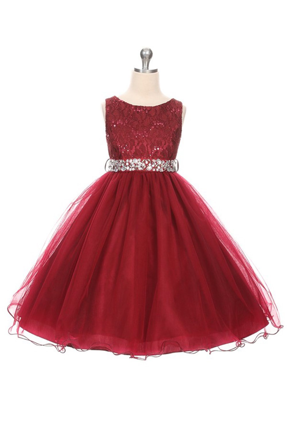 Burgundy Sleeveless Shiny Tulle Flower Girls Dress with Beaded Waist Burgundy Sleeveless Shiny Tulle Flower Girls Dress with Beaded Waist